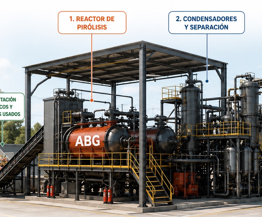 Planta industrial con tuberías y equipos de proceso